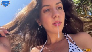 Walking with hot cum on my face on a public beach full of people – Cumwalk